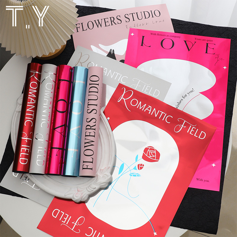 新款时尚镜面英文包装纸亮面银色防水包花纸七夕情人节花束包装纸