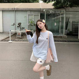 条纹防晒罩衫长袖T恤女2025夏季刺绣宽松中长款薄款微透外搭上衣