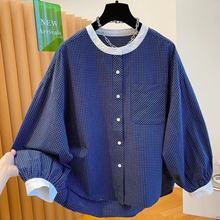韩系减龄圆领小格子衬衫女长袖2025新款早秋装宽松气质灯袖上衣