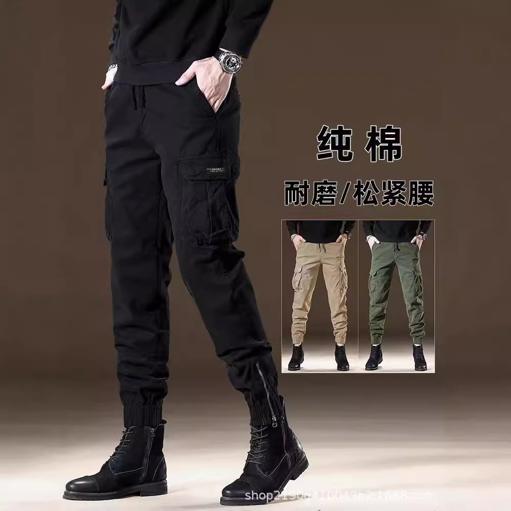 American Outdoor Wear-Resistant Overalls for Men, Trendy Brand Leg-Tie Loose Retro Autumn Black New Casual Long Pants for Men
