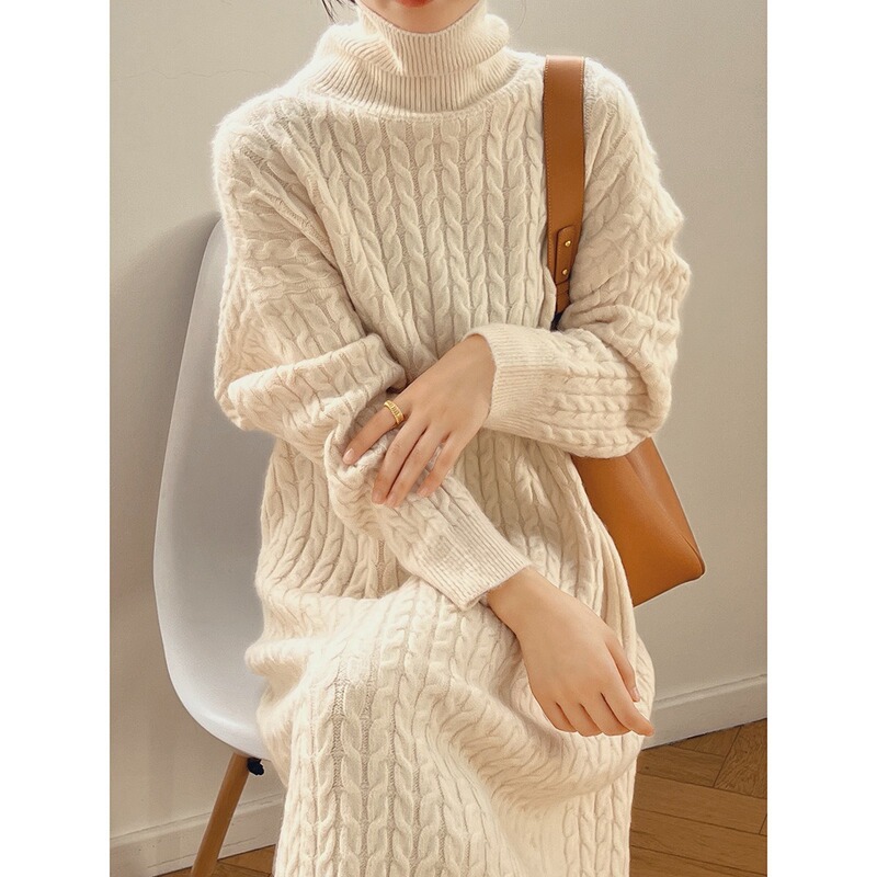Lazy Style High Collar Long Twist Knitted dress Women's Loose Thickened Warm Over-the-Knee Inner Base Sweater Dress Lazy Style High Collar Long Twist Knitted dress Women's Loose Thickened Warm Over-the-Knee Inner Base Sweater Dress