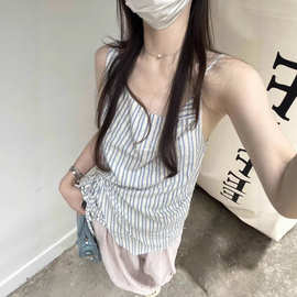 夏季新款小众设计感不规则条纹学院风宽松绑带无袖背心吊带上衣女