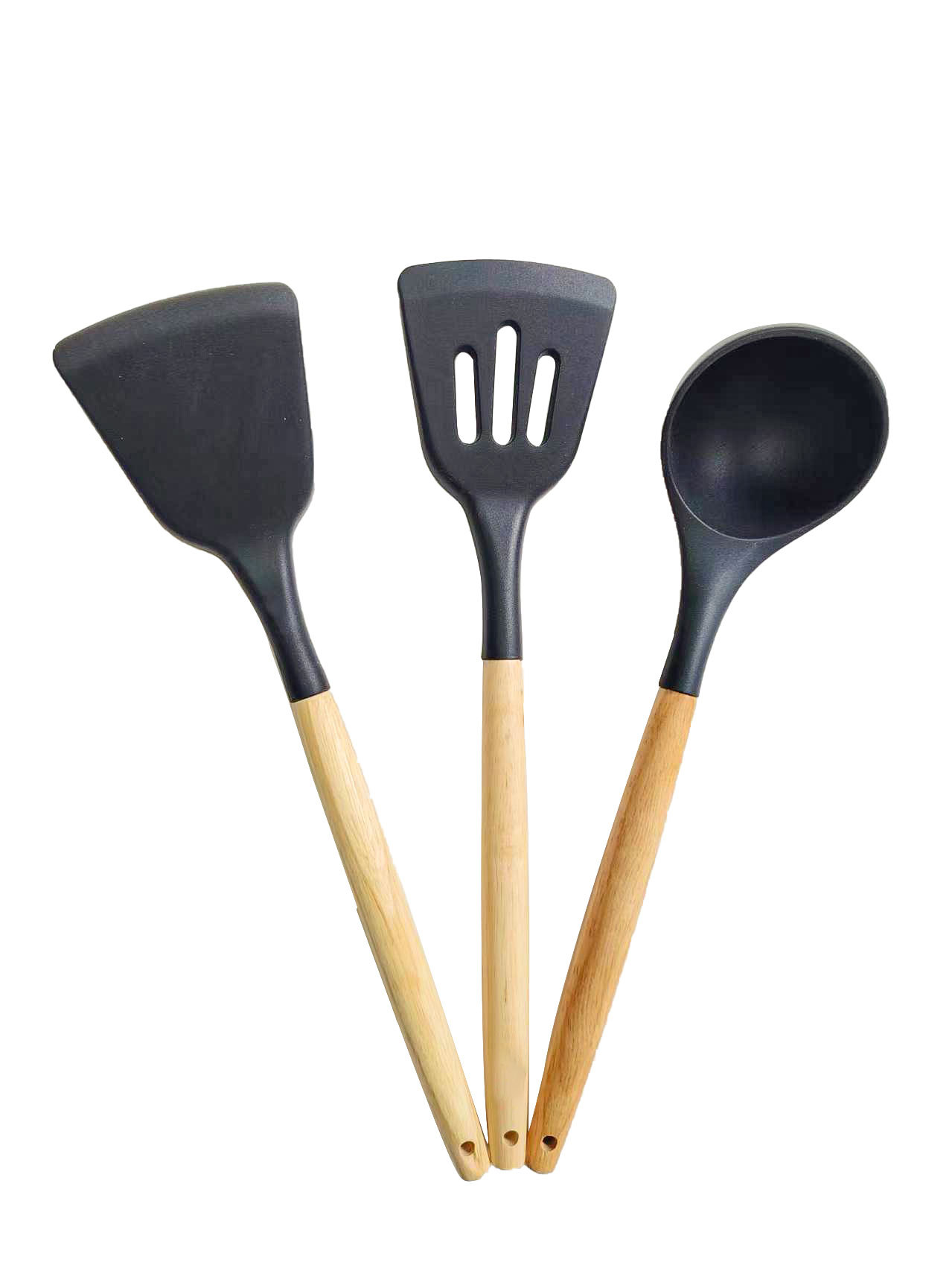 Yeni silikon mutfak gereçleri ahşap saplı çift set yüksek sıcaklığa dayanıklı gıda sınıfı yapışmaz spatula kaşık mutfak eşyaları seti