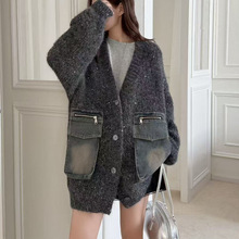 牛仔拼接中长款亮丝毛衣亚马逊秋冬新款慵懒宽松大码跨境针织衫女