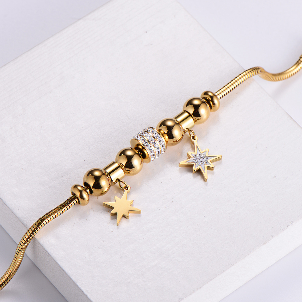 wholesale 18k gold diamond stainless steel ball star beaded snake bone bracelet NHON592179picture5