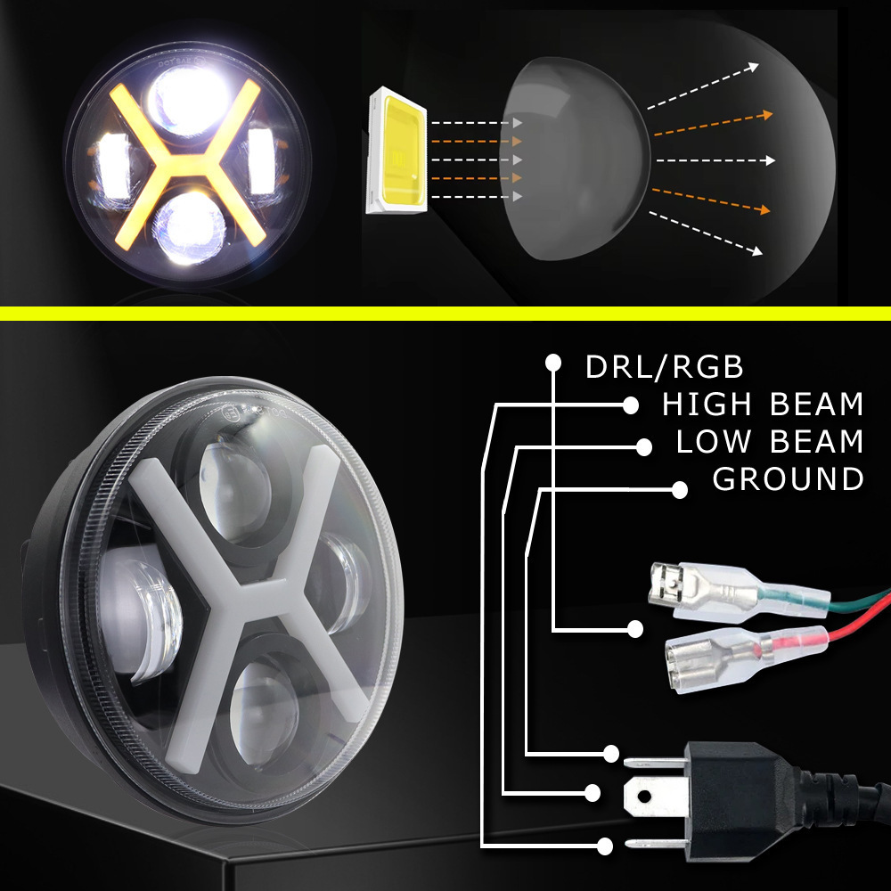 Cross-border LED headlight X-type aperture 5.75inch LED headlight modification for off-road vehicle lights Harley motorcycle headlamp