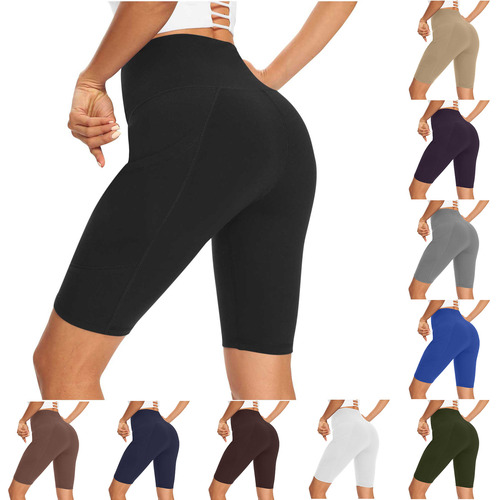 New European and American Women's Yoga Pants, High-Waisted Hip-Lifting Sports Cropped Pants, Solid Color Shorts with Side Pockets