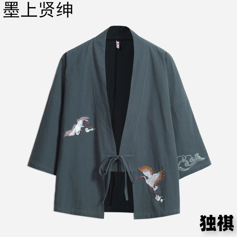 Primavera y verano estilo chino grulla bordada kimono cardigan tendencia masculina estilo antiguo estilo japonés chaqueta suelta taoísta traje masculino