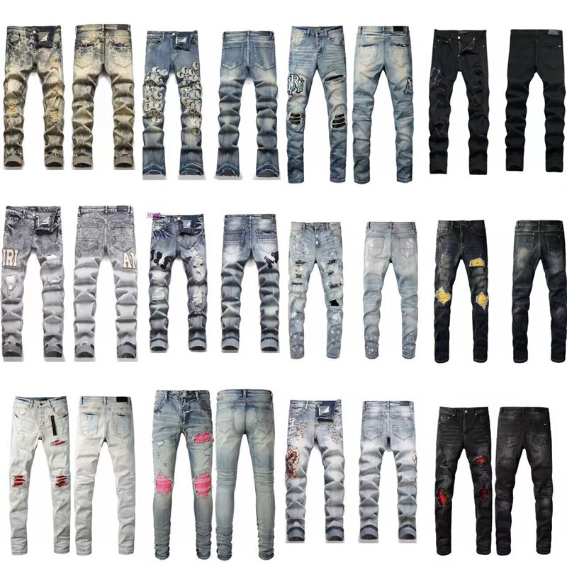 Cross-Border High-End Fashion Brand Amiri Heavy-Duty Washed Distressed High Street Embroidered Unisex Jeans