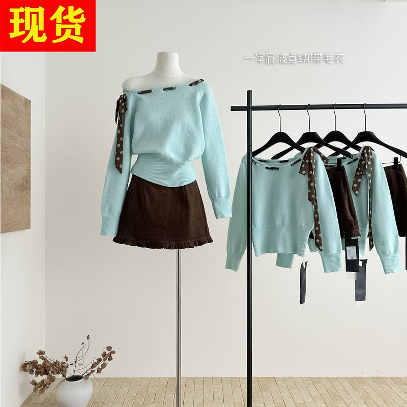 Ptonumi Avocado Milk Green One-Shoulder Polka-Dot Strap Sweater Women's Autumn Design Off-Shoulder Long-Sleeved Knitted Top