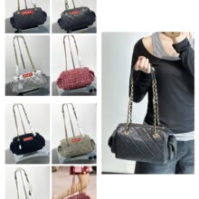 新款头层磨砂皮保龄球包菱格链条包复古真皮单肩腋下包大容量通勤