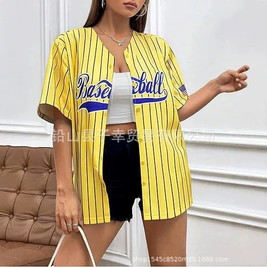 Y2K College Style Women's Baseball Shirt, Striped Digital Print Loose Short-Sleeved Cardigan, American Street Style Baseball Shirt
