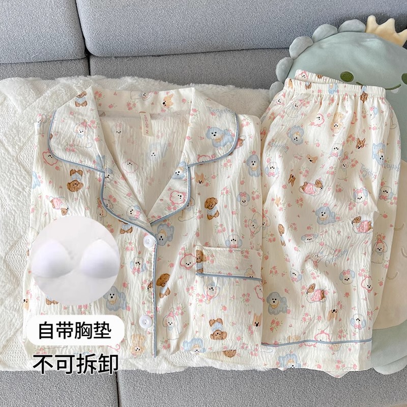 高颜值可外穿带胸垫睡衣女夏季短袖短裤三件套卡通纯棉纱布家居服|undefined