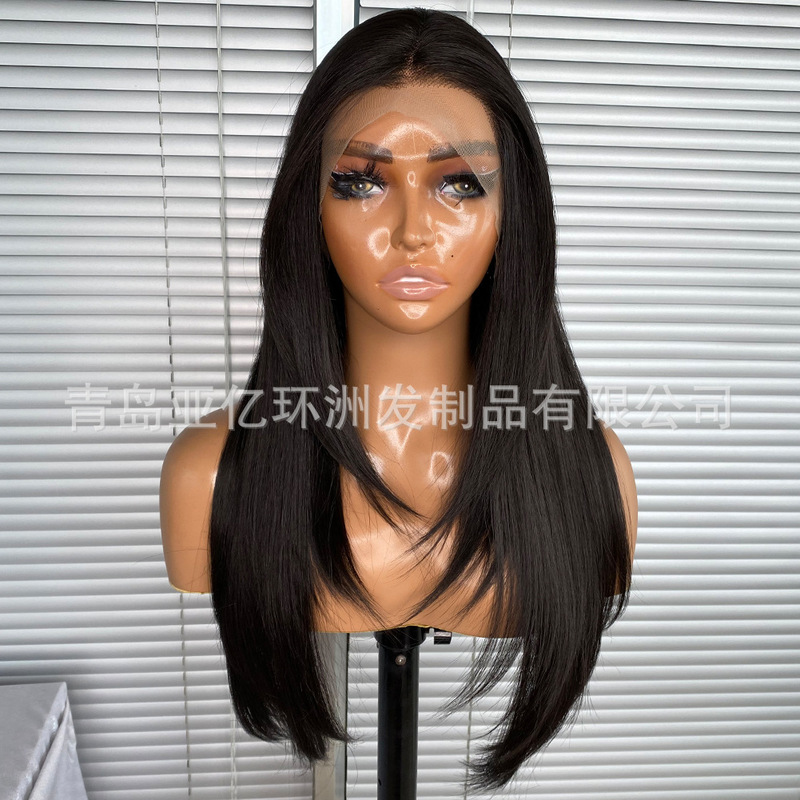European and American wig front lace high-end chemical fiber wig black eight-character bangs high temperature Japanese silk imitation human hair factory straight