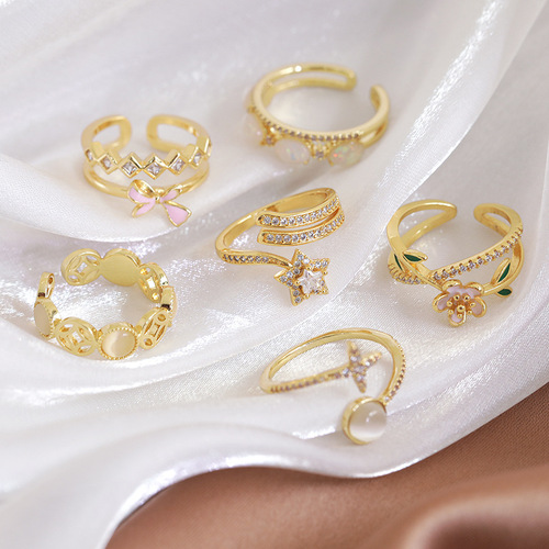Cross-border personalized fashion ring retro niche cat eye rhinestone bow flower geometric open ring hand ornaments