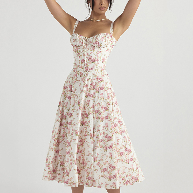 Vestido de tirantes con abertura larga y espalda descubierta para mujer, vestido Popular de verano europeo y americano con encaje Floral, 2022
