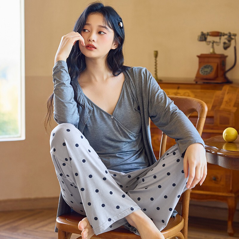 [with chest pad] month clothing spring and autumn postpartum modal maternity pajamas three-piece summer thin nursing home clothing