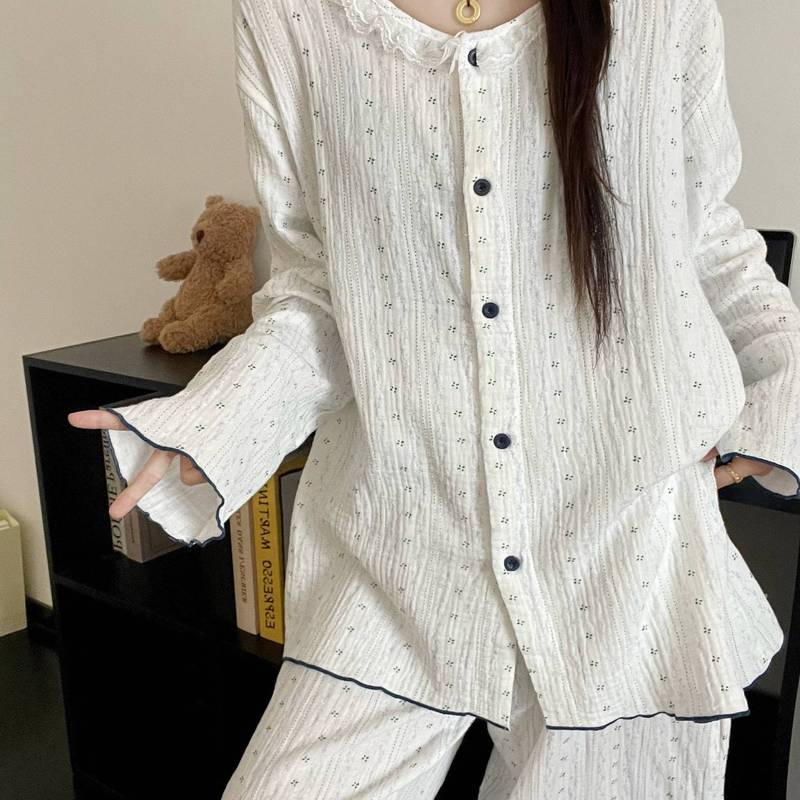 少女甜美碎花棉纱睡衣女春秋款2025新款大码长袖双层纱家居服套装|undefined