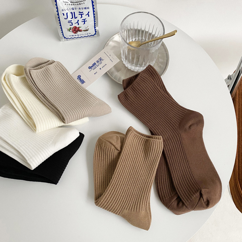 Autumn and Winter New Women's Mid-Calf Slouch Socks with Vertical Stripes, Japanese Style Double-Needle Coffee Color Simple Versatile Socks