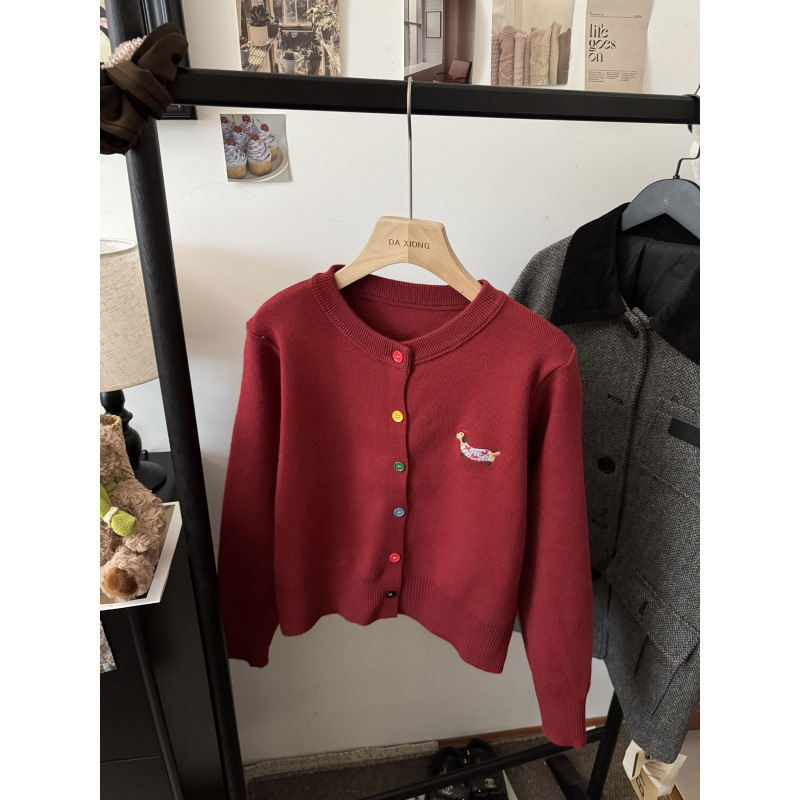 休闲温柔风长袖圆领针织开衫女新款早秋灰色毛衣宽松彩扣上衣外套|undefined