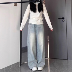 浅色高腰阔腿牛仔裤女2025新款梨型身材大码胖mm显瘦宽松直筒裤子