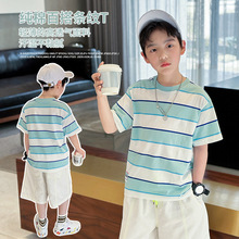 男童条纹短袖t恤夏季中大儿童装男宝宝半袖洋气上衣一件代发批发
