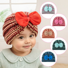欧美新款宝宝保暖撞色针织帽 儿童可爱雪纺蝴蝶结帽 婴幼儿套头帽