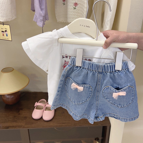Girls Summer Clothes  New Korean Children's Cartoon Versatile Cotton Small Flying Sleeve Tops Fashionable Denim Shorts Trendy