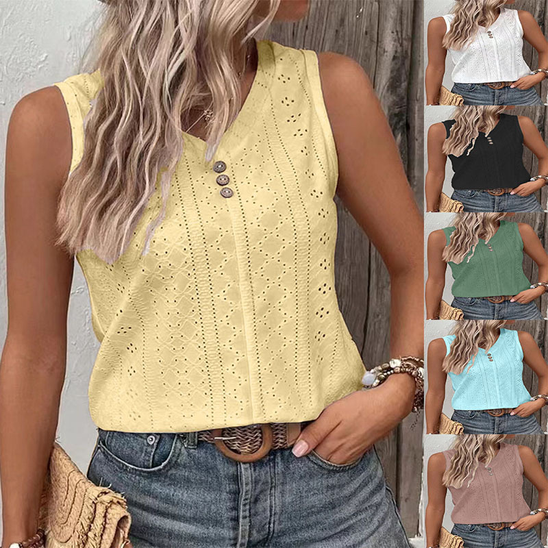 2025 Summer European and American Clothing Amazon Wish New Cross-Border Pure Color Casual Round Neck Buttoned Vest T-Shirt for Women