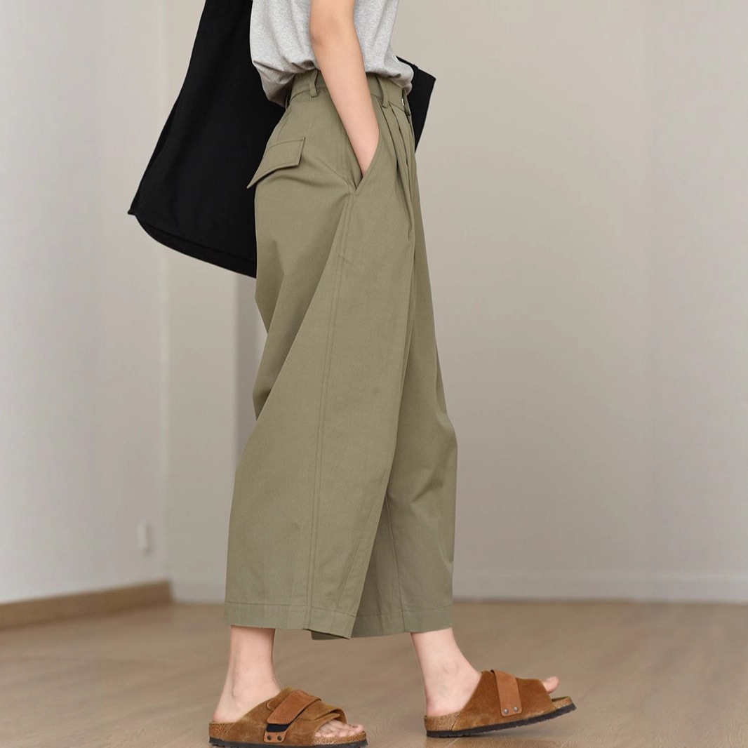 Quần ống rộng nữ cao eo dáng suông chất kaki mỏng nhẹ mùa hè — Kaki