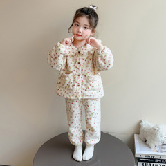 女童睡衣套装2025新款秋冬女宝宝休闲珊瑚绒碎花立领家居服法兰绒