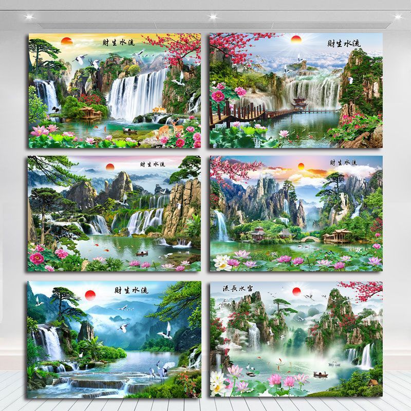 流水生財風景ポスター山水画壁貼りリビング装飾壁掛け絵テレビ背景壁自己貼り付け絵|undefined