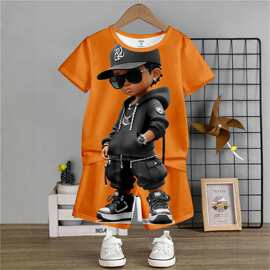 儿童3D印花潮酷套装男童连帽卫衣短袖短裤两件套嘻哈街头风宝宝洋