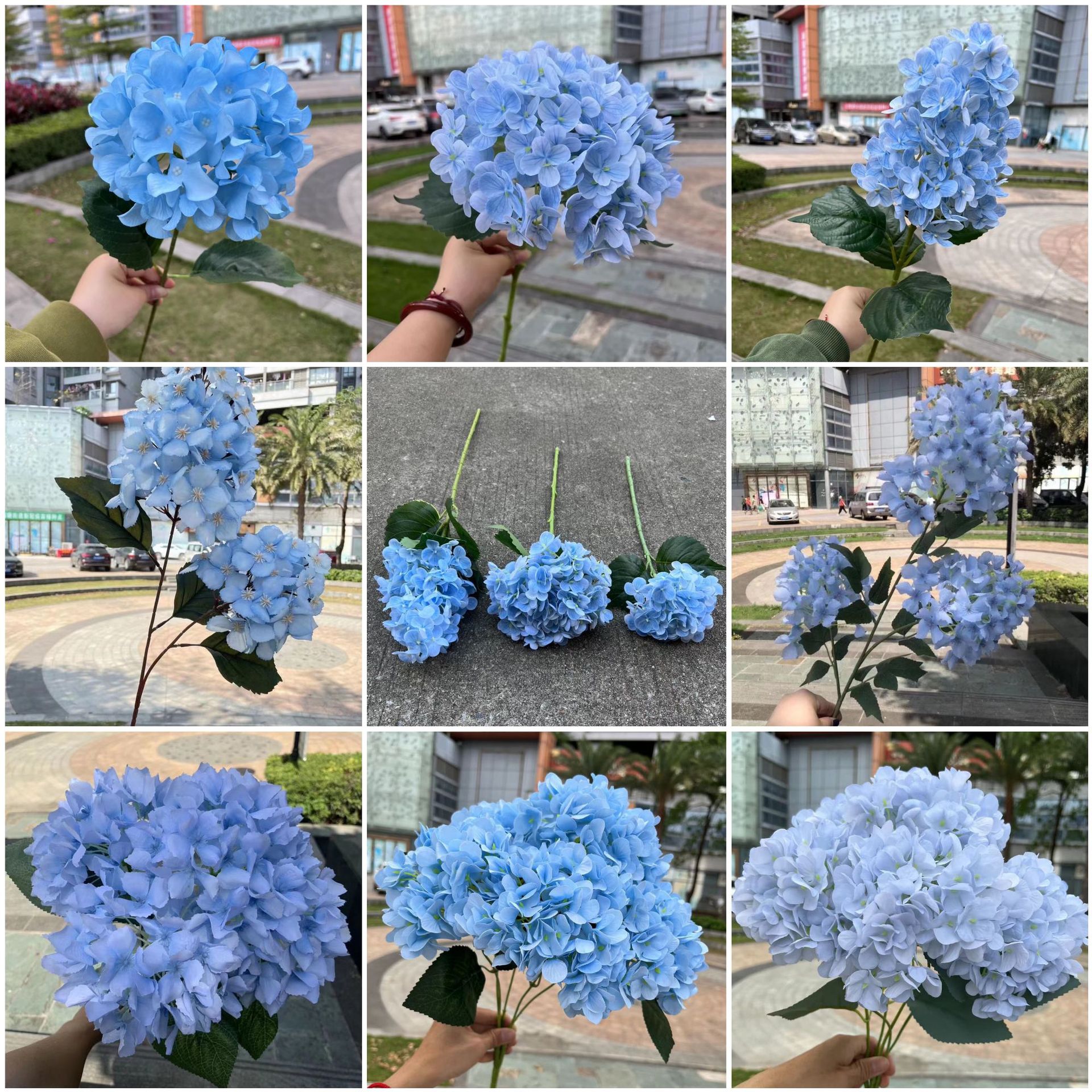 Nuevo azul sola cabeza Hortensia Comercio exterior luz azul oscuro boda simulación Hortensia carretera plomo techo mano sosteniendo flor falsa al por mayor