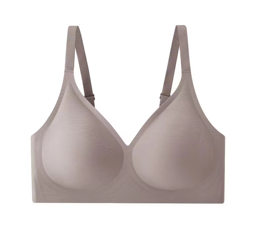 Correa de hombro pequeña, ropa interior de jalea de cuello en V, mujer sin marcas, sin anillo de acero, sujetador de colapsado, sujetador de copa fija.