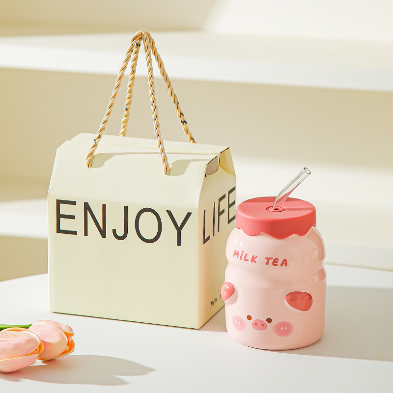 Taza de paja de cerámica creativa con tapa de verano, taza de agua indispensable, taza de jugo doméstica, taza de bebida fría