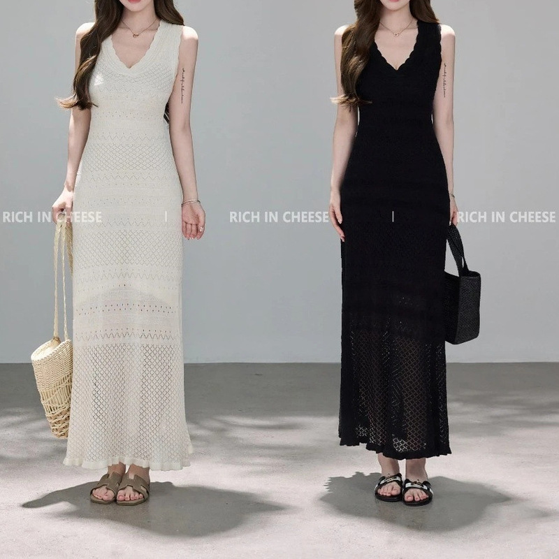 Shuhulei Black and White Lisianthus Tencel Summer Elegant Hollow-Out Jacquard Textured Knit Waist-Cinching Dress Shuhulei Black and White Lisianthus Tencel Summer Elegant Hollow-Out Jacquard Textured Knit Waist-Cinching Dress