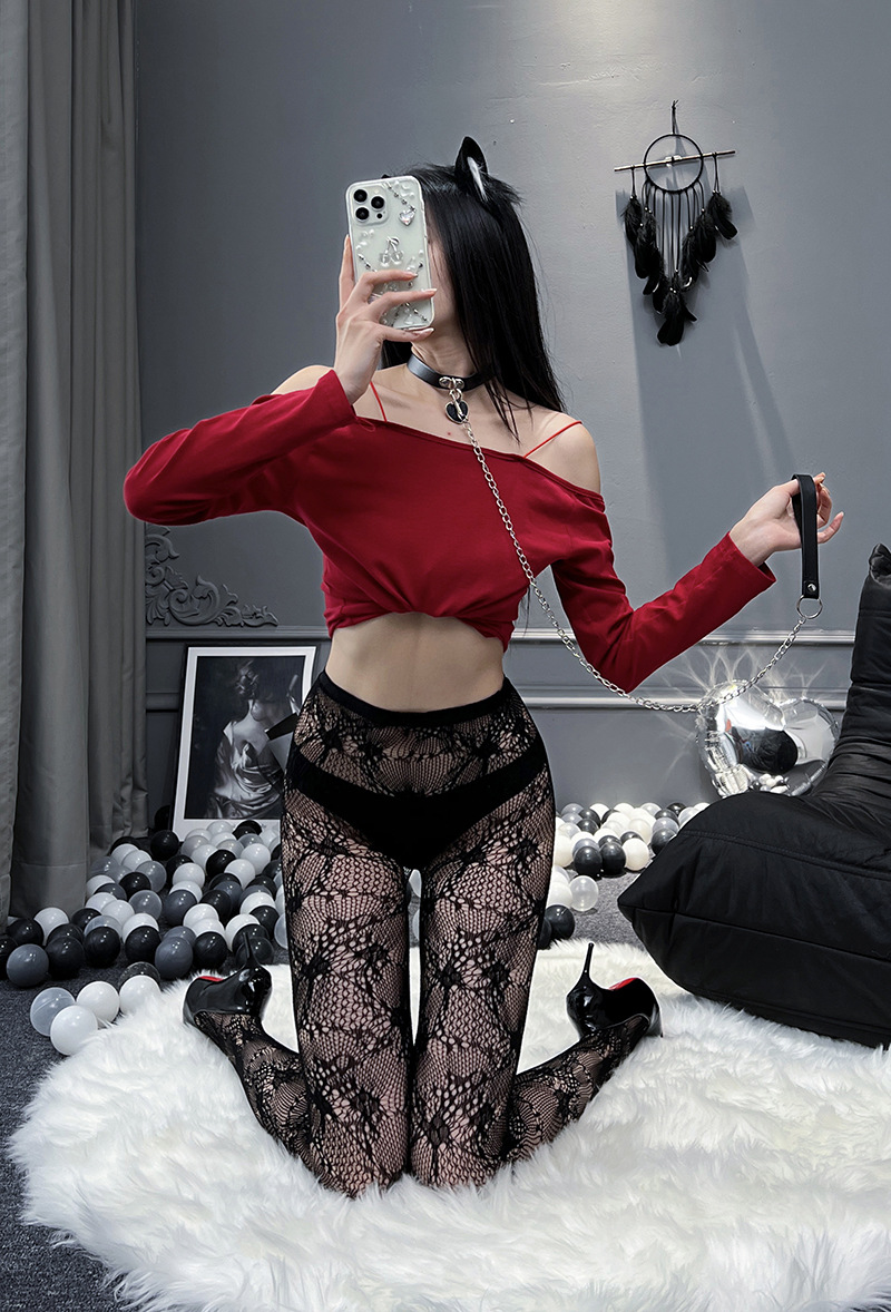 Plus-Size Open-Crotch Fishnet Stockings Set, Black Lace Lingerie, One Size — detail image 11