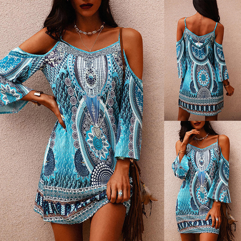 Cross-border Women's 2022 Summer Amazon European and American Printed Round Neck Hollow Short-sleeved Cold Shoulder Sexy Sling Dress