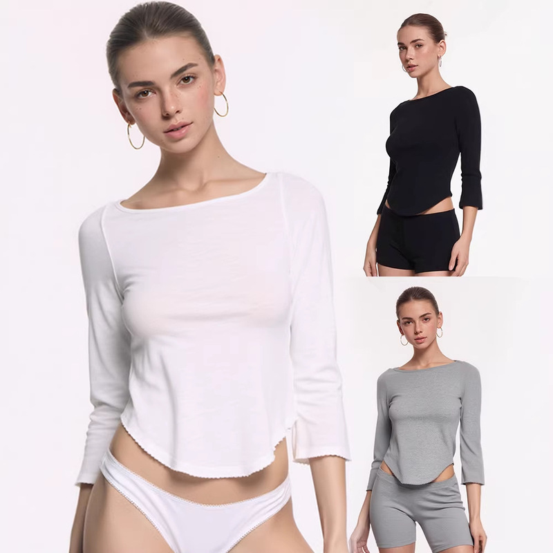 In-Stock American-Style Coucou Three-Quarter Sleeve Top, Off-Shoulder Boat Neck T-Shirt, Short Lace Design, Vintage Bell Sleeves