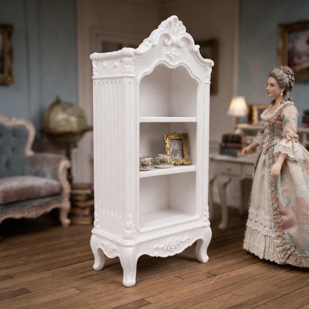 Miniature 1:12 scale white European-style bookcase doll furniture, miniature model ornament, home decor accessory