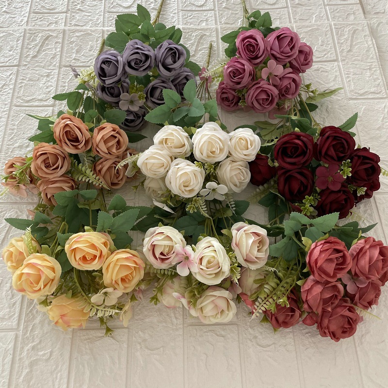 Style européen enduit tissu 7 têtes Golden Rose bouquet en gros décoration de mariage poignée de rose bouquet Hôtel beauté arrangement de fleurs Rose