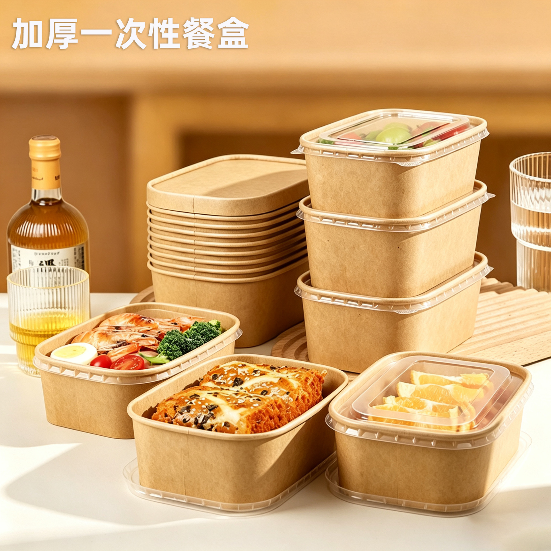 Thickened kraft paper disposable food containers with a waterproof and oil-resistant coating, suitable for microwaving, and ideal for packing fruit, salads, and lunch boxes