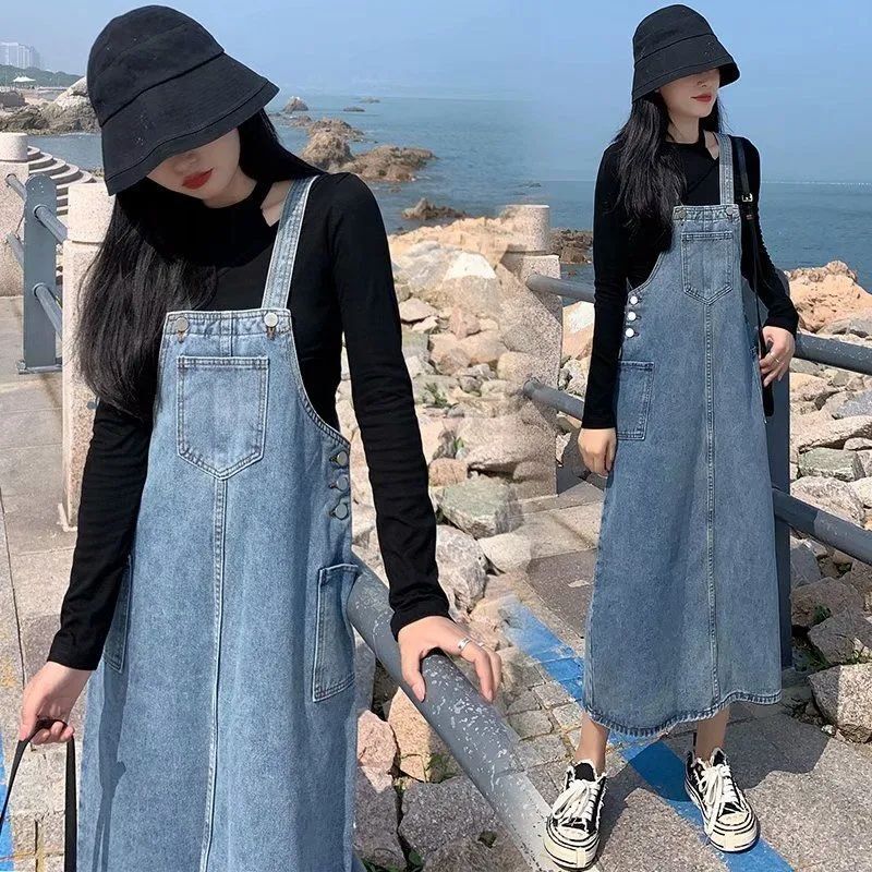 Women's Denim Strap Skirt for Students Korean Style Loose Slimming dress Spring and Autumn plus size Over-the-Knee Long Skirt Women's Denim Strap Skirt for Students Korean Style Loose Slimming dress Spring and Autumn plus size Over-the-Knee Long Skirt
