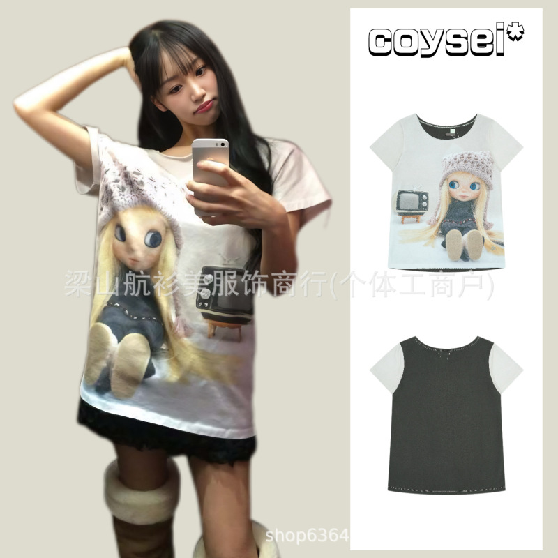 [in Stock] Korean Coysei* X Xiaobu Collaboration Off-Shoulder Short-Sleeve T-Shirt for Women, Asymmetrical Loose Top for Summer