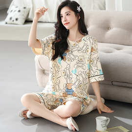 女士棉质短袖睡衣夏季居家两件套装大码韩版休闲学生卡通薄家居服