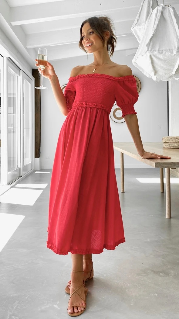 solid color word-neck short-sleeved ruffled edge mid-length dress NSCXY121782