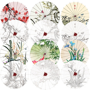 Plum, Orchid, Bamboo and Chrysanthemum Oil Paper Umbrella DIY Hand-Painted White Umbrella Painted Graffiti Decorative Ceiling Dance Silk Waterproof Umbrella