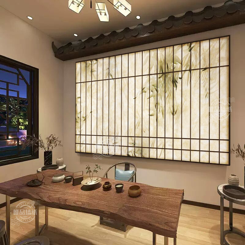 中式窗户纸透光灯箱竹影植物假窗软膜茶室养生馆民宿装饰