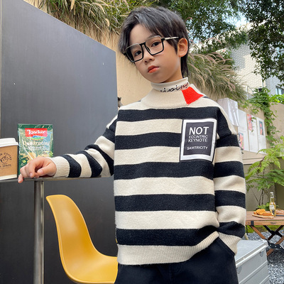 Boy Plush sweater winter new pattern Children's clothing children Large Boy Plush sweater T-shirts stripe one